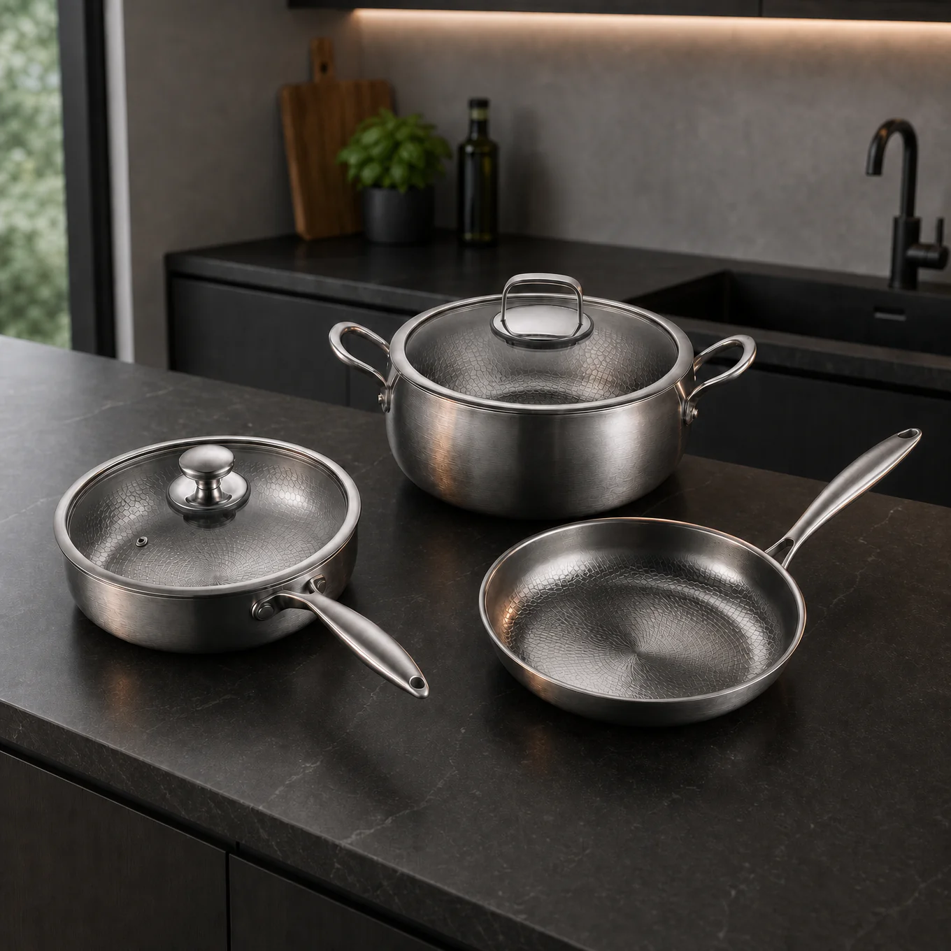 Hand-Hammered Titanium Premium Cooking Set with 2 Lids (8, 9 & 10 Inch) - Image 5